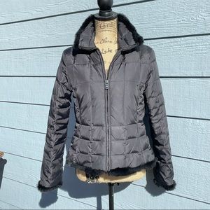 Andrew Marc black lightweight down jacket w/fur trim, Sz Med petite